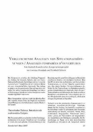 Vergleichende Analysen von Situationseröffnungen / Analyses comparées d'ouvertures : ein deutsch-französisches Kooperationsprojekt