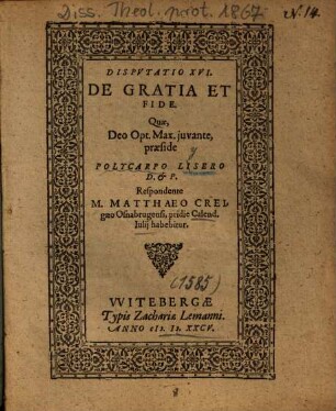 Dispvtatio XVI. De Gratia Et Fide