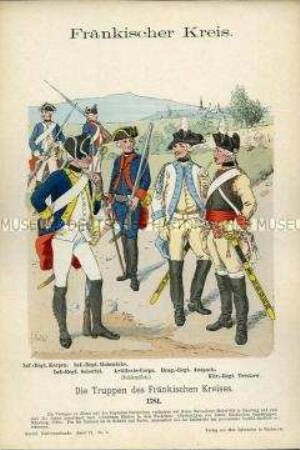 Uniformdarstellung, Soldaten der Infanterie, der Artillerie und der Kavallerie, Fränkischer Reichskreis, 1781.