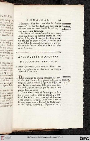 Quatrième section: Lampes sepulchrales, lacrymatoires, urnes cinetaires, instrumens de sacrifices en breonze, verre & terre cuite