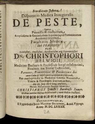 Disputatio Medica Inauguralis De Peste