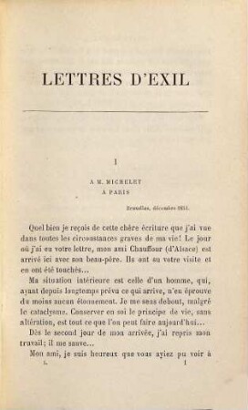 Lettres d' exil à Michelet et à divers amis, 1