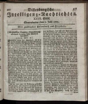 XXVII. Stück. Sonnabends: den 5. Julii 1777.