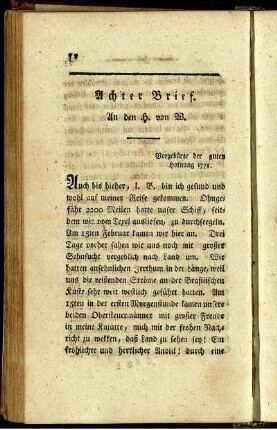 Achter Brief. An den H. von W. Vorgebürge der guten Hofnung, Merz 1775.