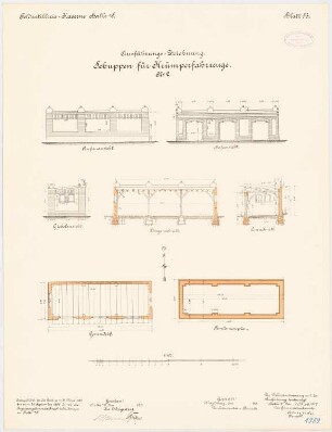 Feldartilleriekaserne, Halle/Saale: Schuppen für Krümperfahrzeuge II in Grundriss Fundamente und Erdgeschoss, Aufriss Vorderansicht, Hofansicht und Giebelansicht, Längsschnitt, Querschnitt 1:100