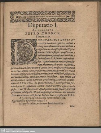 Disputatio I. Respondente Petro Thenck Borusso