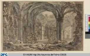 Ruine einer Therme mit antiken Monumenten, Soldatengruppe und anderen Besuchern