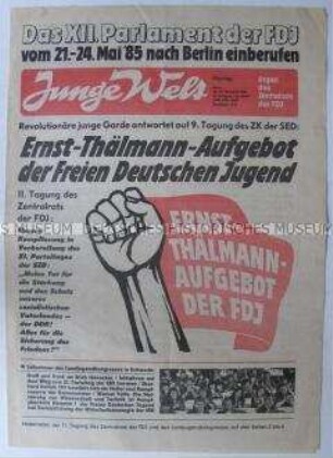 Tageszeitung der FDJ "Junge Welt" zum "Ernst-Thälmann-Aufgebot" in Vorbereitung des XI. Parteitages der SED