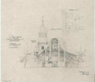 Gsaenger, Gustav; Oberstdorf / Allgäu (Bayern); Ev. Kirche - Vorprojekt zum Umbau, Erweiterungs- u. Pfarramtsneubau, Nordseite, 1. Bauabschnitt (Lageplan, Ansicht)