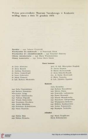 Wykaz pracowników Muzeum Narodowego w Krakowie według stanu z dnia 31 grudnia 1976