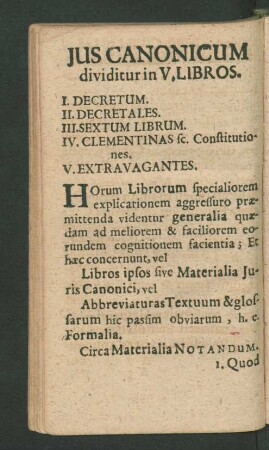Ius Canonicum dividitur in V. Libros.