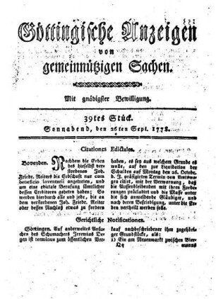 39tes Stück. Sonnabend, den 26ten Sept. 1778.