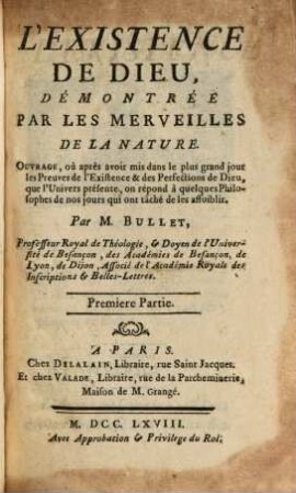 L' Existence de Dieu, démontrée par les Merveilles de la Nature
