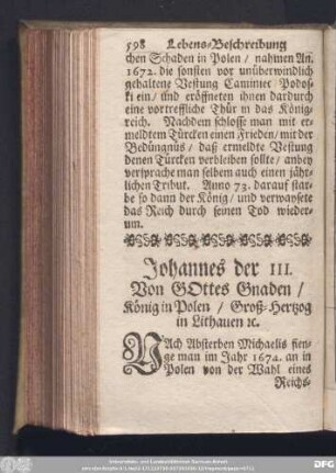 Johannes der III. Von Gottes Gnaden/ König in Polen/ Groß-Hertzog in Lithauen [et]c.