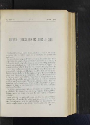 L´activité ethnographique des belges au congo