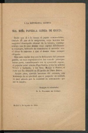 [Dedicatoria] A Sra. Doña Pascuala Cabeza de Garcia