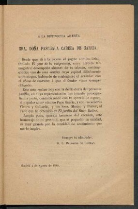 [Dedicatoria] A Sra. Doña Pascuala Cabeza de Garcia