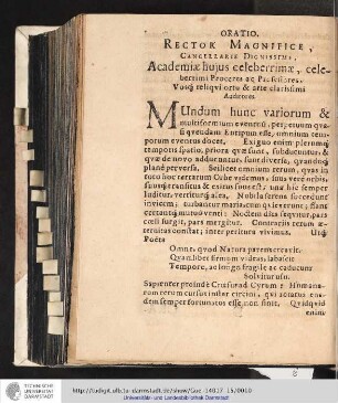 ORATIO. RECTOR MAGNIFICE, CANCELLARIE DIGNISSIME, [...]