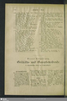 Vierte Abtheilung. Berufsklassen und Gewerbebetriebe : Vierte Abtheilung. Geschäfts- und Gewerbetreibende