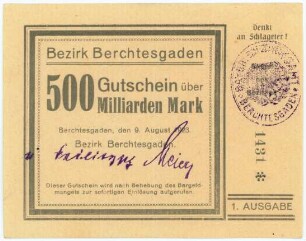 Geldschein / Notgeld, 500 Milliarden Mark, 9.8.1923