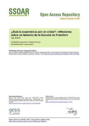 ¿Está la experiencia aún en crisis?: reflexiones sobre un lamento de la Escuela de Francfort