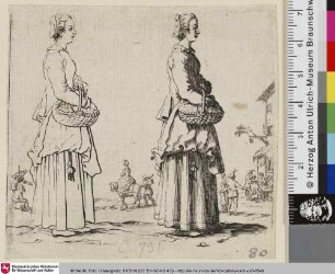 [Zwei Darstellungen einer Bäuerin mit Korb im Profil nach rechts nebeneinander, ausgeführt und als Strichzeichnung; Deux figures de la même femme]