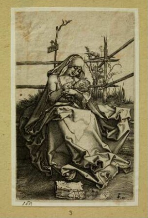 Maria auf der Rasenbank, das Kind stillend