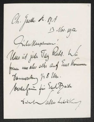 Brief von Walter Leistikow an Gerhart Hauptmann