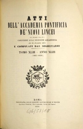 Atti dell'Accademia Pontificia dei Nuovi Lincei. 43, 43. 1889/90 (1890)