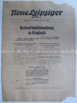 Extrablatt der "Neuen Leipziger Zeitung" zur Generalmobilmachung in Großbritannien und zu den ersten Kampfhandlungen in Polen