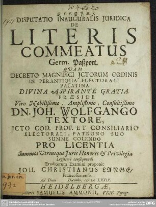 Disputatio Inauguralis Juridica De Literis Commeatus