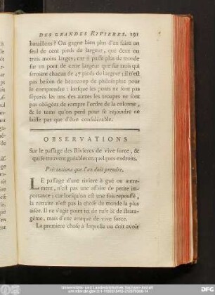 Observations Sur le passage des Rivieres de vive force, & qui se trouvent guéables en quelques endroits.