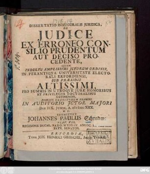 Dissertatio Inauguralis Juridica, De Judice Ex Erroneo Consilio Prudentum Aut Deciso Procedente