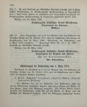 36. Ministerial-Bekanntmachung, Abänderung der Postordnung vom 8. März 1879 betreffend