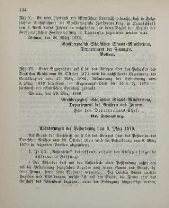 36. Ministerial-Bekanntmachung, Abänderung der Postordnung vom 8. März 1879 betreffend