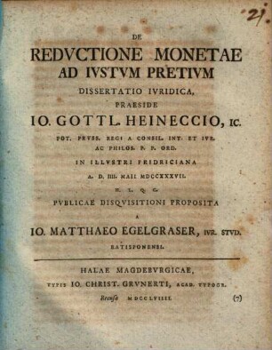 De Redvctione Monetae Ad Ivstvm Pretivm Dissertatio Ivridica