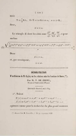 Démonstration d'un théorème de M. Cayley sur les relations entre les fonctions de Sturm.