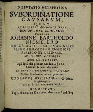 Disputatio Metaphysica De Subordinatione Causarum