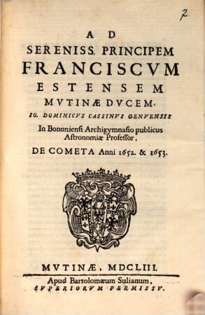 Ad Principem Francisc. Estensem ... de Cometa 1652