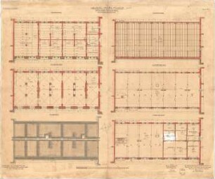 Mellinger, Ludwig von; München; Armeemuseum - Neubau, Zwischenbau Nord (Grundriss Fundament, Grundriss UG, Grundriss EG, ,Grundriss 1. OG, Grundriss Zwischengeschoss, Grundriss Sparrenlage
