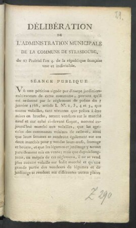 Délibération De L'Administration Municipale De La Commune De Strasbourg, du 27 Prairial l'an 4. de la république française une et indivisible