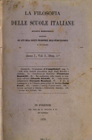 La filosofia delle scuole italiane : rivista bimestrale. 1870, Vol. 1 = Anno 1