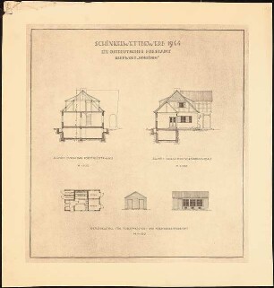Ostdeutsches Forstamt Schinkelwettbewerb 1944: Forstmeister-Gehöft: Schnitt durch Wohnhaus und Verbindungsbau zum Forstsekretär-Gehöft, Geflügelstall (Grundriss, Ansichten) 1:100