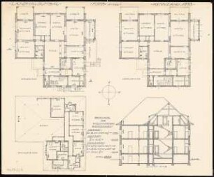 Umbau eines Landhauses Monatskonkurrenz Februar 1933: Grundriss Erdgeschoss, Obergeschoss, Dachgeschoss, Querschnitt 1:100