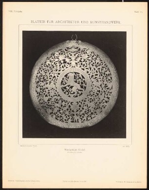 Wärmpfanne-Deckel, Köln: Ansicht (aus: Blätter für Architektur und Kunsthandwerk, 8. Jg., 1895, Tafel 74)