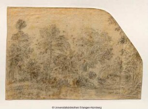 Waldlandschaft mit einem Gewässer im Vordergrunde