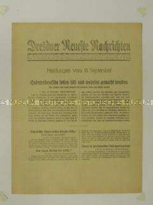 Nachrichtenblatt der "Dresdner Neueste Nachrichten" u.a. zur Lage im Sudetenland