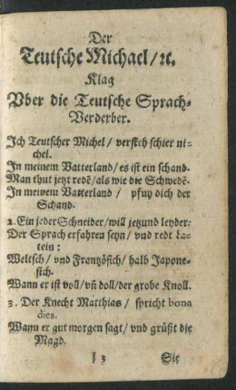 Der Teutsche Michael/ [et]c. Klag Uber die Teutsche Sprach-Verderber.