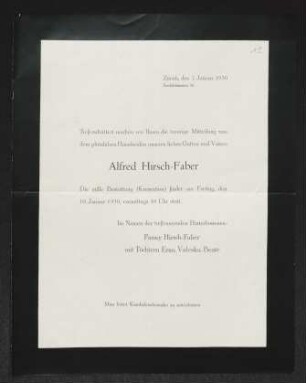 Brief von Fanny Hirsch-Faber, Erna Hirsch-Faber, Valeska Hirsch-Faber und Beatrice-Marianne Hirsch-Faber an Gerhart Hauptmann