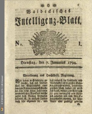 No. 1. Dienstag, den 7. Januarius 1794